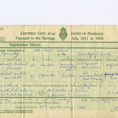 Kenneth Richard Pexman and Mabel Isobel Marshall&#039;s marriage certificate